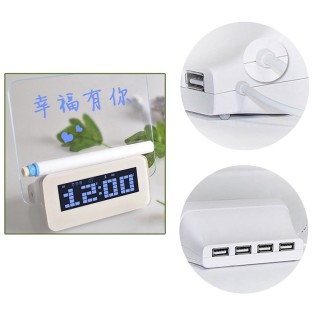 Multifunction LCD Digital Alarm Clock Thermometer + 4-Port USB HUB + Message Board with Blue or Green LCD backlight(White)