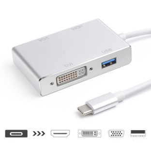 hub adaptateur 4in1 USB-C vers HDMI/VGA/DVI/USB 3.0