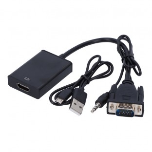 Adaptateur VGA (mâle) vers HDMI (femelle) avec câble USB stéréo 3,5 mm noir